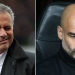 Jose Mourinho winking wearing a white and black (L) Pep Guardiola looks down troubled (R)