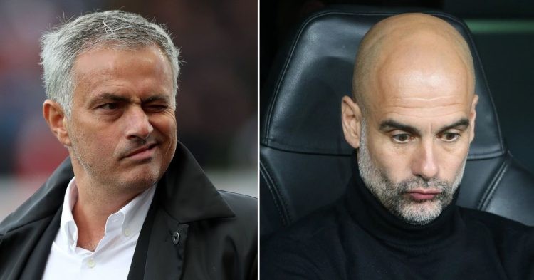 Jose Mourinho winking wearing a white and black (L) Pep Guardiola looks down troubled (R)