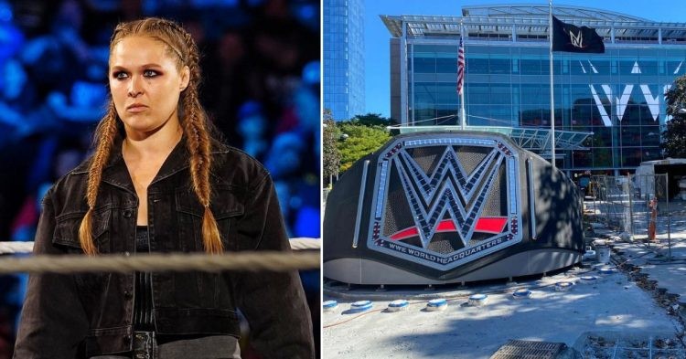 Ronda Rousey angry in the wwe ring. WWE headquarters with wwe championship belt