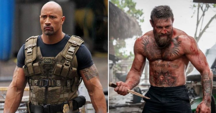 Dwayne Johnson wearing a bullet proof jacket during fast and furious as Luke Hobbs (L) Conor McGregor shirtless and ripped in Road House(R)