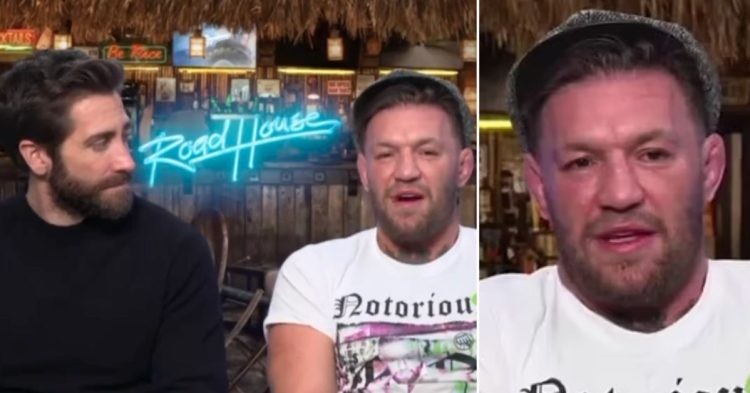 Conor McGregor with Jake Gyllenhaal during their latest interview for the movie Road House. McGregor looked troubled and was twitching