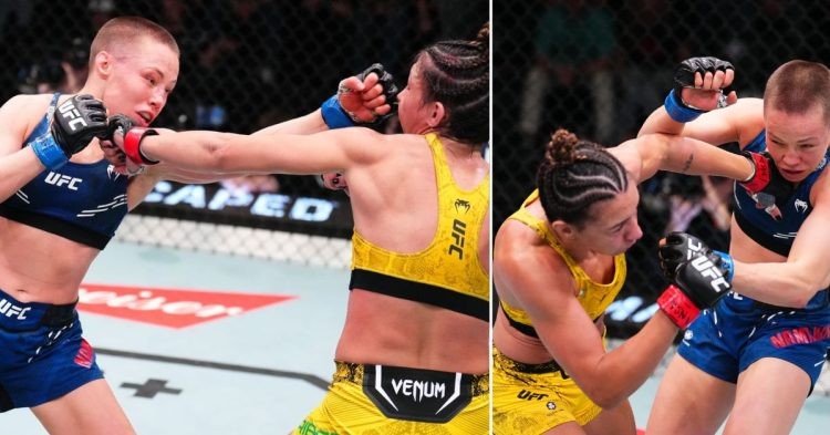 Amanda Ribas in yellow punches and gets punched by Rose Namajuas in blue