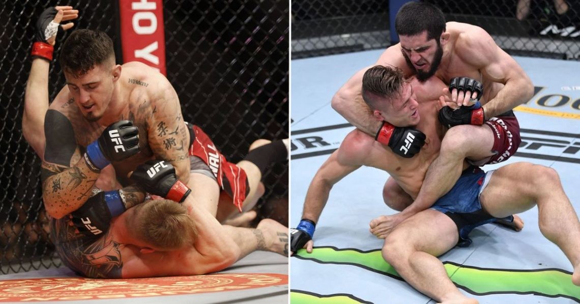 Tom Aspinall (L) and Islam Makhachev (R) grappling with their opponents.