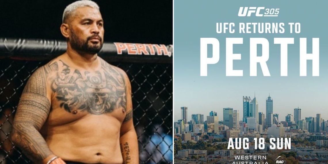 Mark Hunt in the UFC Octagon (L) UFC 305 promotional poster Perth
