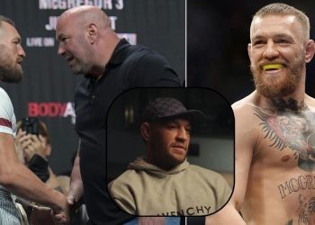 Conor McGregor shakes hands with Dana White (L) McGregor ni the Octagon UFC (R) McGregor interview with TNT Sports (Down)