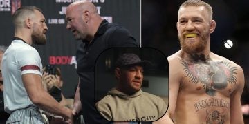 Conor McGregor shakes hands with Dana White (L) McGregor ni the Octagon UFC (R) McGregor interview with TNT Sports (Down)
