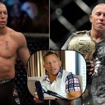 Georges St-Pierre inside the Octagon looking fierce, with his UFC belt. GSP in an the Pound 4 Pound podcast (down)