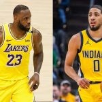 Los Angeles Lakers' LeBron James and Indiana Pacers' Tyrese Haliburton