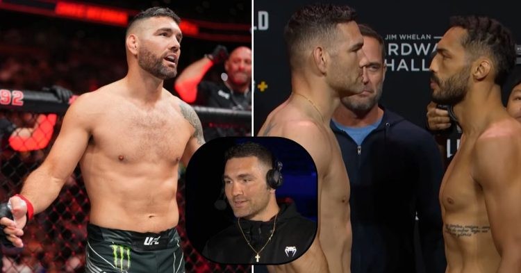 Chris Weidman inside the Octagon (L) Weidman faces off with Bruno Silva before UFC Atlantic City (R) Wiedman in his interview with ESPN (down)