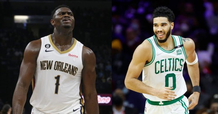 Boston Celtics' Jayson Tatum and New Orleans Pelicans' Zion Williamson