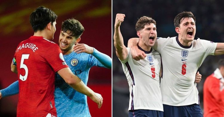 Soccer players Harry Maguire and John Stones representing their clubs (L) representing their country (R)
