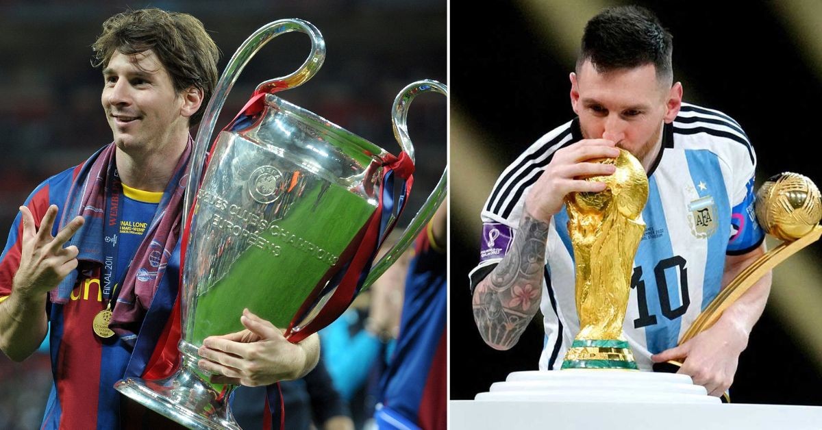 Lionel Messi with a UEFA Champions League trophy (L) Messi with the FIFA World Cup (R)