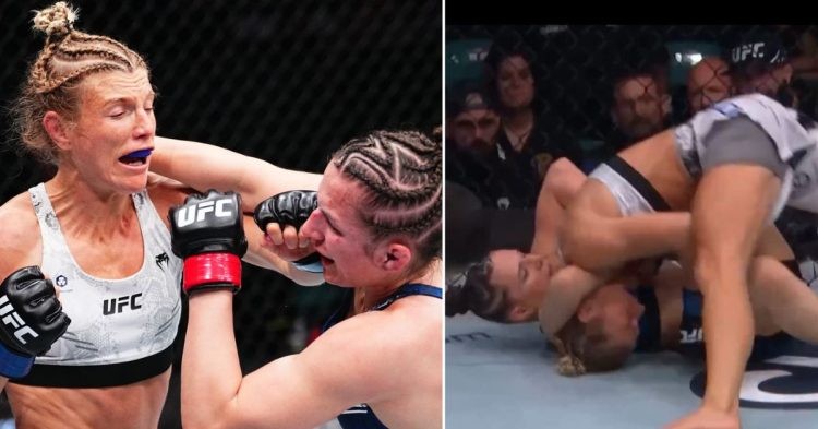 Manon Fiorot punches Erin Blanchfield on the face (L) Blanchfield puts Fiorot in a guillotine (R)