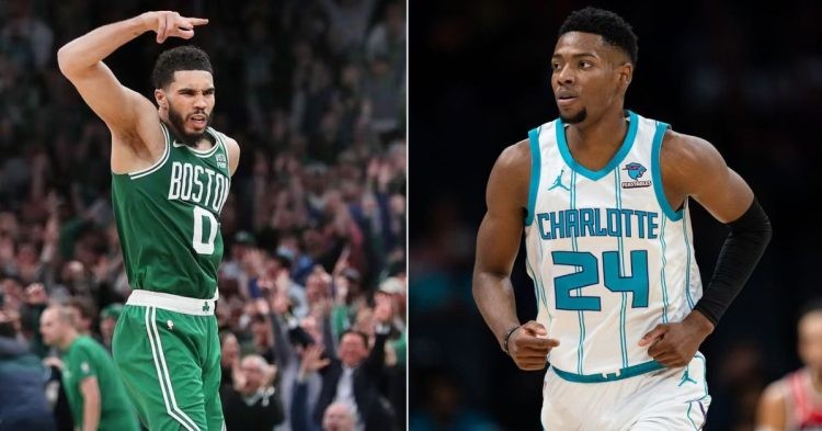Boston Celtics' Jayson Tatum and Charlotte Hornets' Brandon Miller