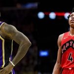 Los Angeles Lakers' LeBron James and Toronto Raptors' Scottie Barnes