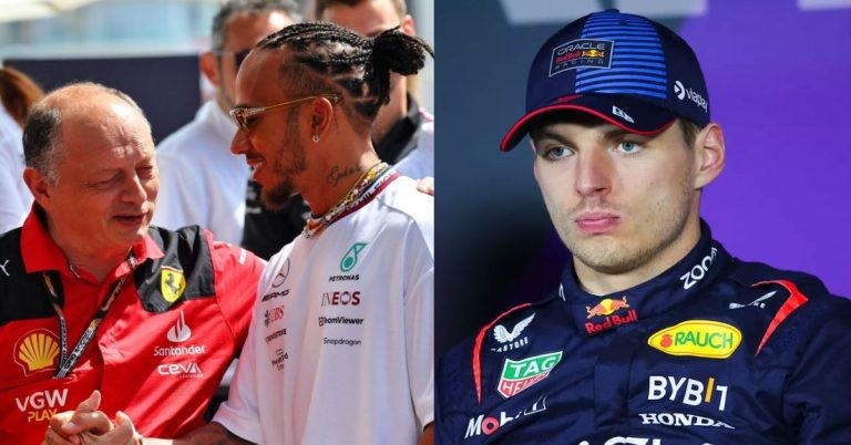 Ferrari team boss Fred Vasseur with Lewis Hamilton (left), Max Verstappen (right) (Credits- RacingNews365, Daily Star)