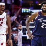 Philadelphia 76ers' Joel Embiid and Miami Heat's Jimmy Butler