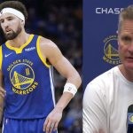 Golden State Warriors' Steph Curry, Klay Thompson and Steve Kerr