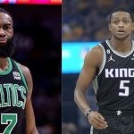 Boston Celtics' Jaylen Brown and Sacramento Kings' De'Aaron Fox