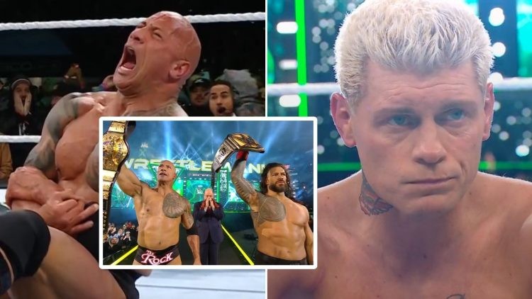 Dwayne Johnson gets hit with a spear (left), The Rock and Roman Reigns at WrestleMania 40 (middle), and Cody Rhodes (right)