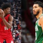 Boston Celtics' Jayson Tatum and Portland Trail Blazers' Scoot Henderson