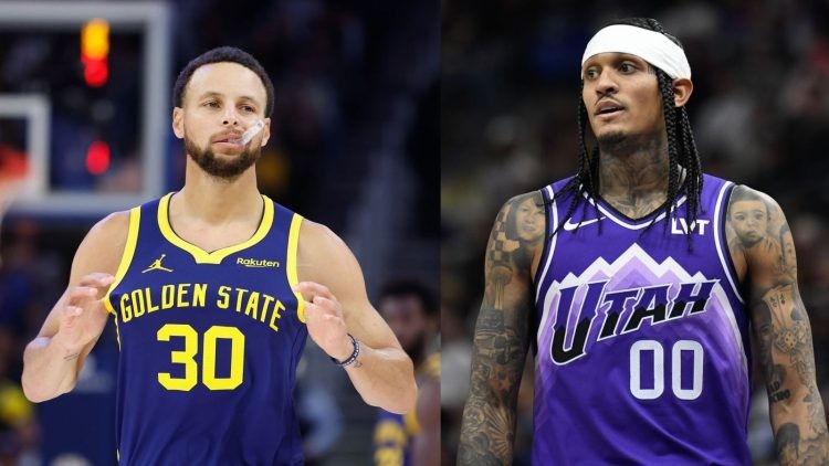 Golden State Warriors' Steph Curry and Utah Jazz's Jordan Clarkson