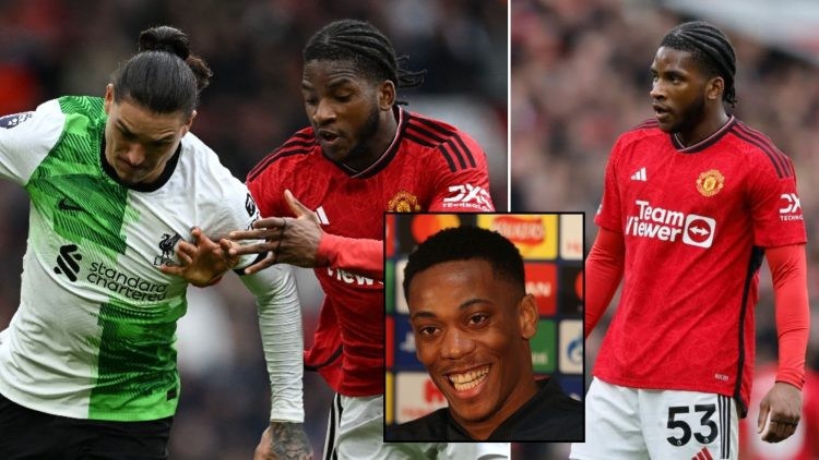 Willy Kambwala playing for Manchester United against Liverpool. Kambwala in a jostle against Darwin Nunez. Anthony Martial smiling