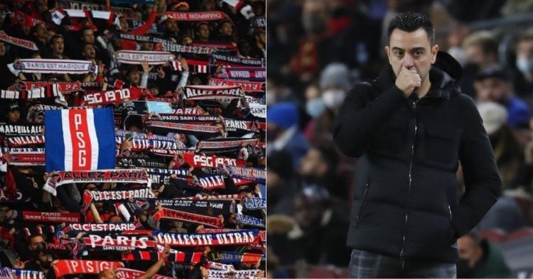 PSG Ultras (left)-FC Barcelona coach Xavi Hernandez