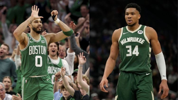 Milwaukee Bucks' Giannis Antetokounmpo and Boston Celtics' Jayson Tatum
