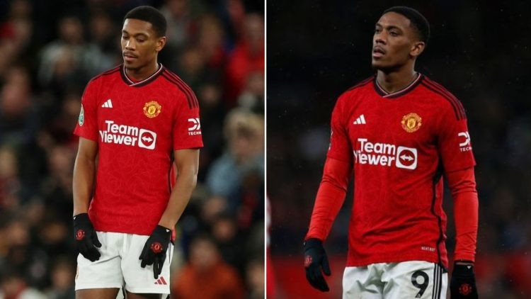 Anthony Martial wearing a manchester united jersey, sad, disappointed.