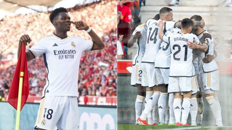 Real Madrid players celebrate after Aurelien Tchouameni's goal against Mallorca
