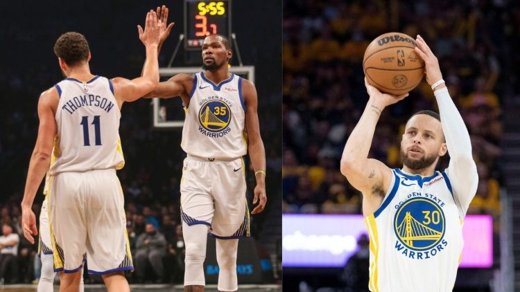 Golden State Warriors' Steph Curry, Klay Thompson and Kevin Durant