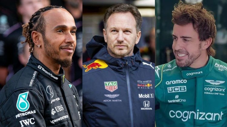 Lewis Hamilton (left), Christian Horner (centre), Fernando Alonso (right) (Credits- Investopedia, FIA, Times Now)