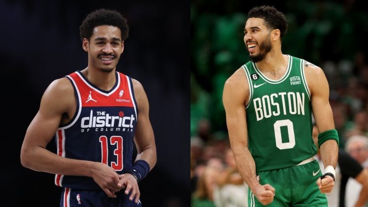 Boston Celtics' Jayson Tatum and Washington Wizards' Jordan Poole