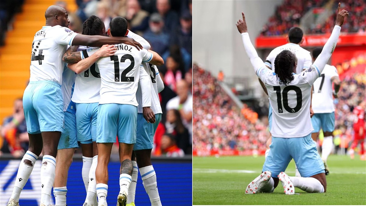 Crystal Palace's Eberechi Eze celebrates after scoring against Liverpool
