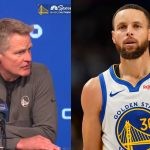 Golden State Warriors' Steph Curry and Steve Kerr