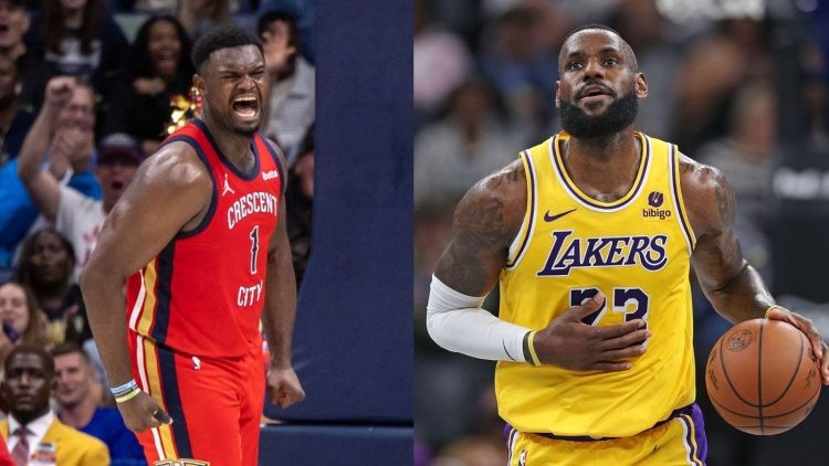 Los Angeles Lakers' LeBron James and New Orleans Pelicans' Zion Williamson