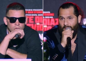 Nate Diaz (L) and Jorge Masvidal (L) during their 'Baddest Tour' media event in New York