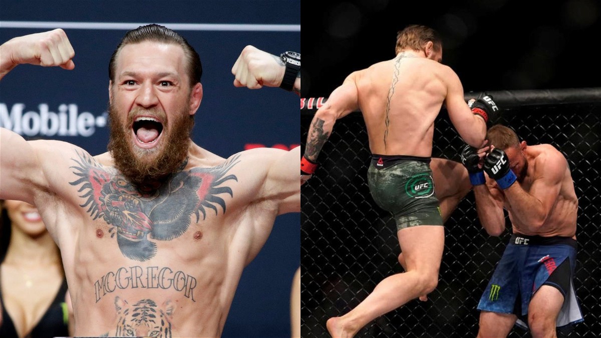 Conor McGregor weigh in at Welterweight (left) and McGregor destroyed Cowboy Cerrone at welterweight (right)