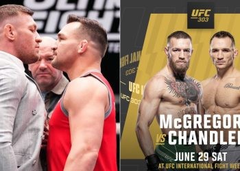 Conor McGregor and Michael Chandler face off (left)