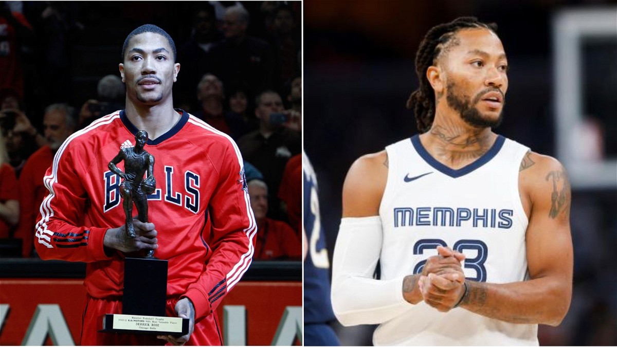 Derrick Rose with MVP title in 2011 (Left) and Derrick Rose for Memphis Grizzlies (Right)