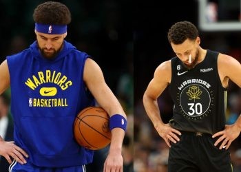 Golden State Warriors' Steph Curry and Klay Thompson