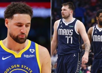 Klay Thomspon, Luka Doncic, and Kyrie Irving (Credits - Sporting News and Dallas Morning News)