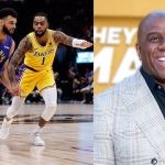 Magic Johnson and Los Angeles Lakers' D'Angelo Russell vs Denver Nuggets' Jamal Murray