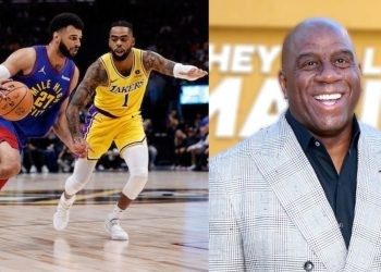 Magic Johnson and Los Angeles Lakers' D'Angelo Russell vs Denver Nuggets' Jamal Murray