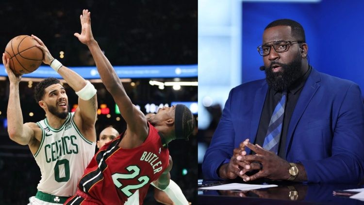Boston Celtics' Jayson Tatum vs Miami Heat's Jimmy Butler and Kendrick Perkins