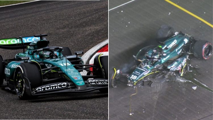 Lance Stroll in FP1 (Left) and the crash (Right)