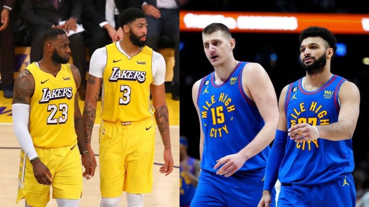 Los Angeles Lakers' LeBron James with Anthony Davis and Denver Nuggets' Nikola Jokic with Jamal Murray
