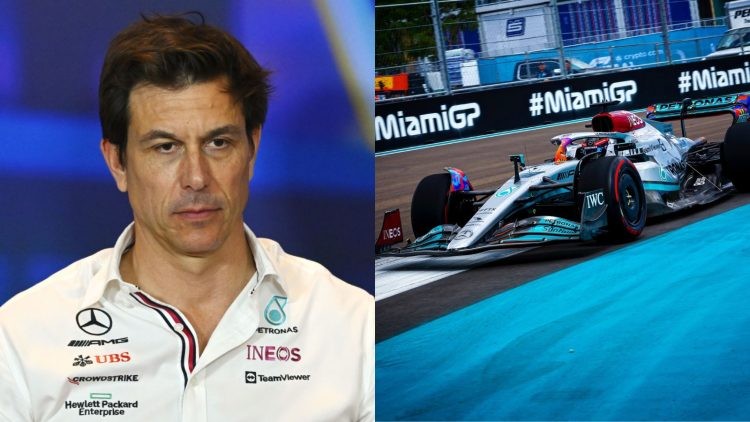 Toto Wolff (left), Mercedes at Miami Grand Prix (right) (Credits- GPFans, X)