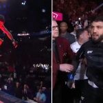 Diego Lopes jumping over the cage (L) Arman Tsarukyan being held by security after attacking a fan (R)